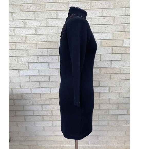 St. John Vintage Black Dress Size 2 Illusion Sparkly Snowflake Mock Turtleneck - Picture 4 of 17